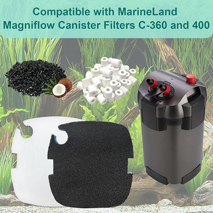 16 Packs Aquarium Filter Media Kit Compatible with MarineLand Magniflow Canister Filters C-360 and 400, Includes Activated Carbons, Ceramic Rings, Sponge Filters and Filter Pads