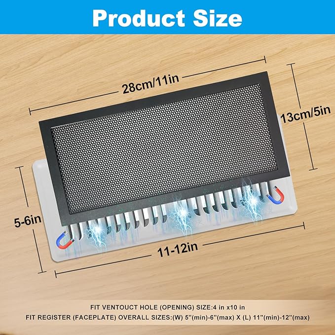 4-Pack 5"x11" Powerful Magnetic Vent Covers - Super Strong Neodymium Magnets, No Slip & No Drill Needed - Secure Fit for Floor/Wall/Ceiling Registers - Durable Air Vent Screen (Black, 5x11)