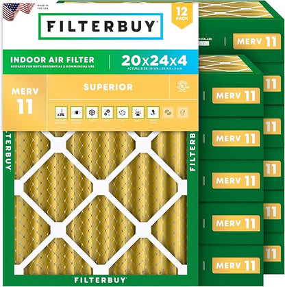 Filterbuy 20x24x4 Air Filter MERV 11 Superior Pet & Allergy Defense (12-Pack), Electrostatic Pleated HVAC AC Furnace Filters Replacement, Made in USA (Actual Size: 19.38 x 23.38 x 3.63)