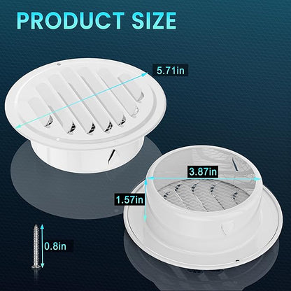 HG Power 4 Inch Soffit Vents, Metal Round Vent Cover with Screen Mesh, Louver Exhaust Vent for Wall, Ceiling Mount, Shed, Garage, Attic Ventilation, 2-Pack，White