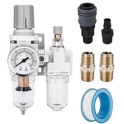 NANPU 1/4" NPT Compressed Air Filter Regulator Lubricator Combo Water/Oil Trap Separator - Gauge(0-150 psi), Poly Bowl, Semi-Auto Drain, Bracket - 3 in 1 Two Unit