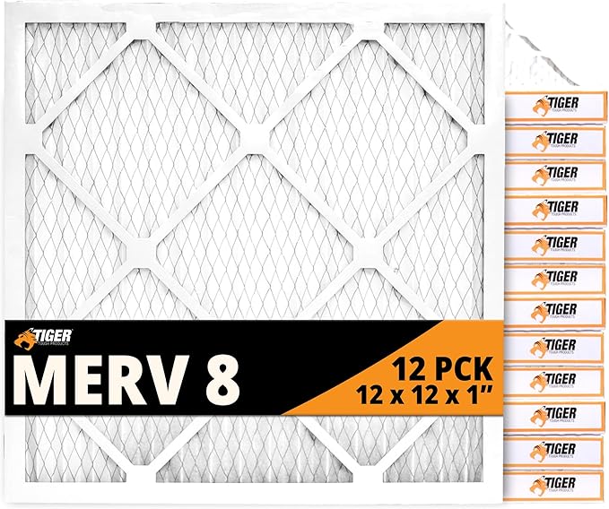 Tiger Tough 12x12x1 Air Filter MERV 8 MPR 600-800, High-Performance Pleated HVAC AC Furnace Filter Replacement for Home, 12-Pack