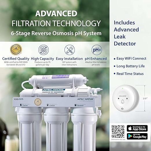 APEC WATER | Reverse Osmosis Water Filter, Alkaline 6-Stage RO System, pH+ Remineralization for Natural Spring Taste, Under Sink Filter WQA Certified Removes 1K+ Impurities, 75 GPD - Smart ROES-PH75LD