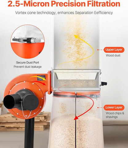 VEVOR Dust Collector, 800 CFM 2.5 Micron Vortex Cone Dust Collectors, 1HP Sawdust Collection System with 16-Gallon Large Capacity Dusts Collector Bag, Filter Bag, and Casters, 3400 RPM High Speed