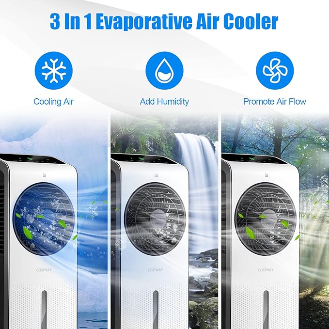 COSTWAY Portable Evaporative Air Cooler, 3-in-1 Swamp Cooler w/Remote Control, 360° Rotating Fan Blade, 3 Modes, 12H Timer, 2 Ice Packs, Air Cooling Fan with Fan & Humidifier for Room Home Office