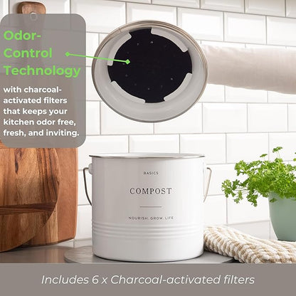D'Lifeful Kitchen Compost Bin – 1.3 Gallon Countertop Farmhouse Compost Container with Lid – Odorless Indoor Food Scrap Pail with 6 Charcoal Filters – Eco-Conscious and Easy to Clean - White
