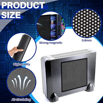 Woanger 4 Pcs 1000 x 300 mm DIY PC Case Dust Filter PC Fan Mesh Filter Floor Vent Cover PVC Dustproof Cover with Magnetic Strip for Computer Chassis Speaker and More, 0.03 Inch Hole, Black