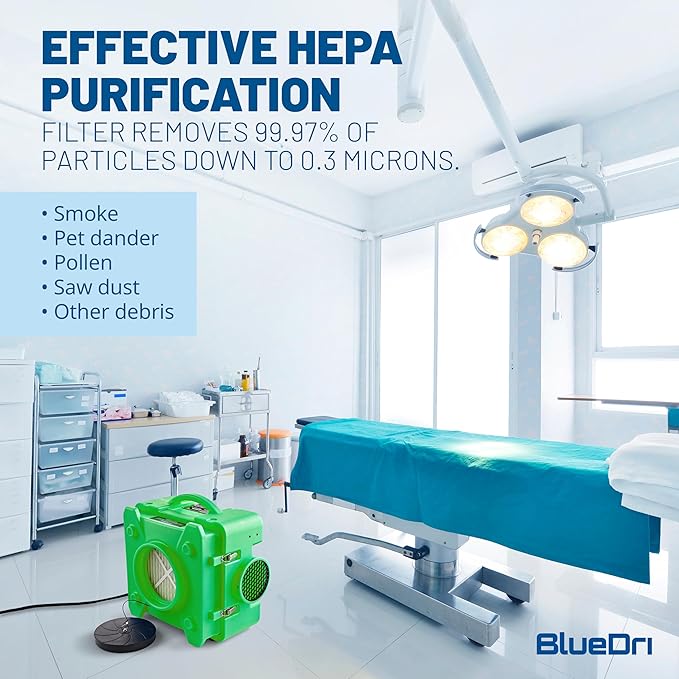 BlueDri Air Shield 550 HEPA Air Scrubber, Water Damage Restoration Equipment Air Purifier, Covers 1400 Sq. Ft, Daisy Chain Capable, For Commercial Use, Green, BD-AS-550