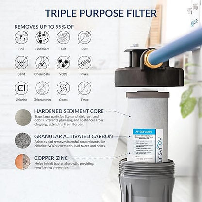 Aquasure Harmony Series 32,000 Grains Whole House Water Softener Bundle with Automatic Digital Metered Control Head and Triple Purpose Sediment/GAC/Zinc Pre-Filters, Reduces Hardness (1-2 bathrooms)