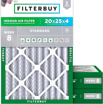 Filterbuy 20x25x4 Air Filter MERV 8 Essential Dust & Allergy Defense (3-Pack), Electrostatic Pleated HVAC AC Furnace Filters Replacement, Made in USA (Actual Size: 19.50 x 24.50 x 3.63)