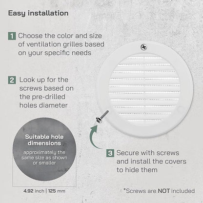Vent Systems 5" Inch (Opening Dimensions) - Pack of 2 - White Soffit Vent Cover - Plastic Round Air Vent Grille - Built-in Mesh Screen - HVAC Register Louver for Bathroom, Home, Kitchen