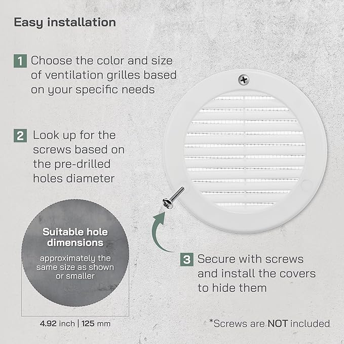 Vent Systems 5" Inch (Opening Dimensions) White Soffit Vent Cover - Plastic Round Air Vent Grille - Built-in Mesh Screen - HVAC Register Louver for Bathroom, Home, Kitchen