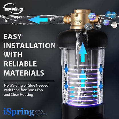 iSpring WSP200ARJ Spin-Down Sediment Water Filter, Upgraded Jumbo Size, Large Capacity, Reusable with Touch-Screen Auto Flushing Module, Brass Top Clear Housing, 200 Microns