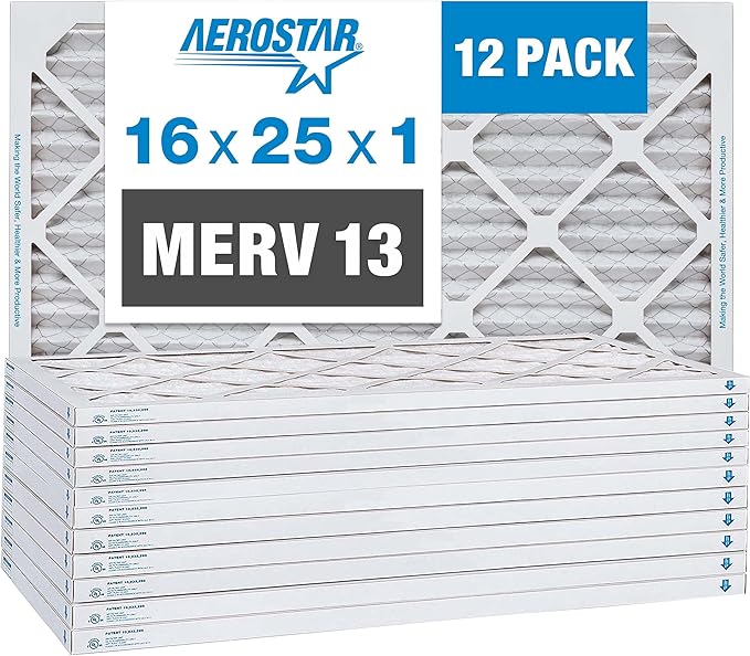 Aerostar 16x25x1 MERV 13 Pleated Air Filter, AC Furnace Air Filter, 12 Pack (Actual Size: 15 3/4" x 24 3/4" x 3/4")