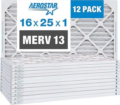 Aerostar 16x25x1 MERV 13 Pleated Air Filter, AC Furnace Air Filter, 12 Pack (Actual Size: 15 3/4" x 24 3/4" x 3/4")