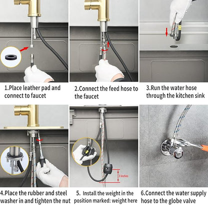 Gold Kitchen Faucet with Pull Down Sprayer Modern Stainless Steel High Arc Single Handle Kitchen Sink Faucet Brushed Gold, Commercial 1 Hole Kitchen Faucet with Deck