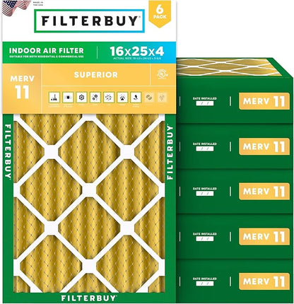 Filterbuy 16x25x4 Air Filter MERV 11 Superior Pet & Allergy Defense (6-Pack), Electrostatic Pleated HVAC AC Furnace Filters Replacement, Made in USA (Actual Size: 15.50 x 24.50 x 3.63)