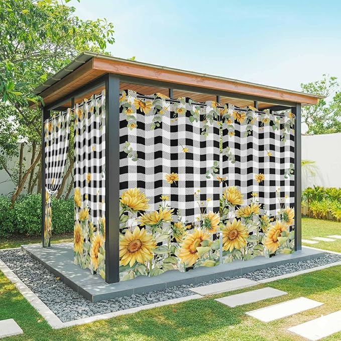 Sunflowers Outdoor Curtains for Patio Summer Floral Eucalyptus Leaf Buffalo Check Waterproof Outside Curtains with Grommet Top Weatherproof Curtain for Cabana Pergola Gazebo, 2 Pack, 54" W x 108" L