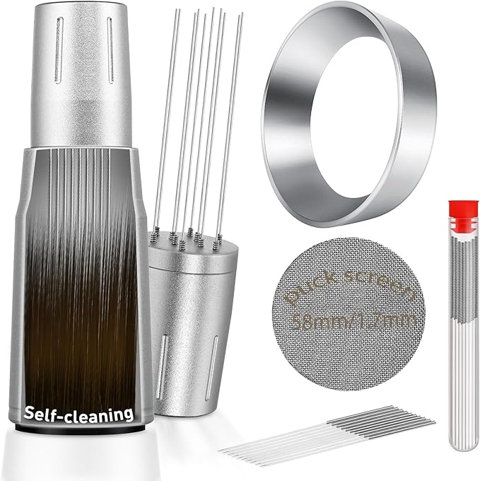 WDT Tool Espresso Distributor Accessory kit &1.7mm Thickness 150μm Mesh Puck Screen & 8 Magnets dosing ring Compatible with Breville Portafilter (WDT +58MM Silver dosing ring&Puck Screen)