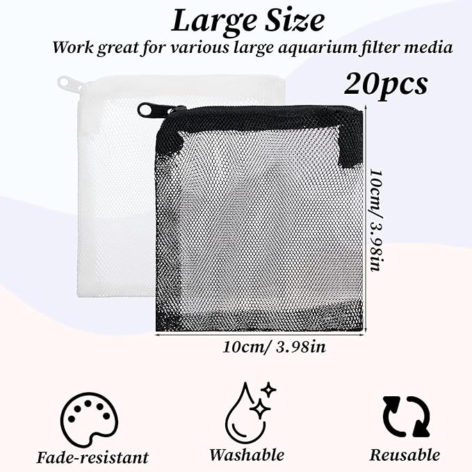 20Pcs Media Bags for Aquarium Fine Mesh Bag Aquarium Filter Media Bags with Plastic Zipper Suitable for Activated Carbon, Filter Stones, Ceramic Rings (4 x 4 inches)
