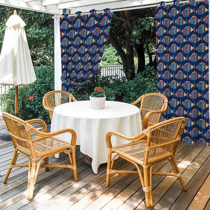 Fish Outdoor Curtains for Patio Vintage National Wind Fish Blue Waterproof Outside Curtains with Grommet Top Weatherproof Curtain for Cabana Pergola Gazebo, 1 Panel, 54" W x 108" L