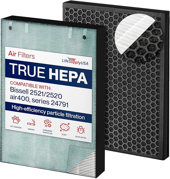 2521/2520 Filter Replacement Compatible with Bissell Air400 Series 24791-3-in-1 True HEPA + Activated Carbon + Pre-Filter by LifeSupplyUSA