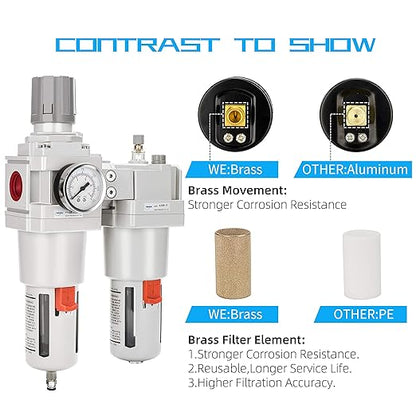 NANPU 1" NPT Compressed Air Filter Regulator Lubricator Combo (FRL) Water/Oil Trap Separator - Gauge(0-150 psi), 5 Micron Brass Element,Poly Bowl, Semi-Auto Drain, Metal Bracket