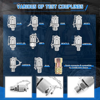 SINOCMP Hydraulic Pressure Gauge Test Kit Tractor Hydraulic Tester Set with 3 Gauges(25/40/60Mpa) 3 Hoses(64.5in) 11 Quick Connectors for Excavator Construction Machinery(Silver)