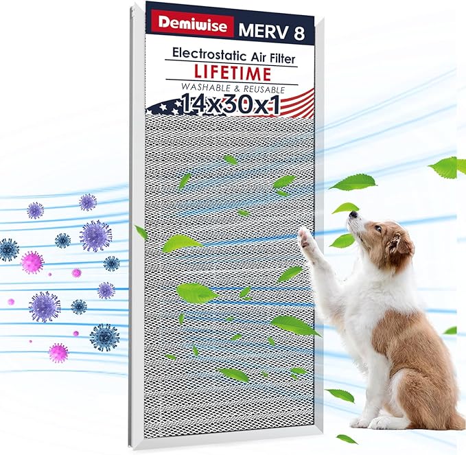 14x30x1 Electrostatic Air Filter, MERV 8 Reusable Aluminum AC/HVAC Furnace Filter, Lifetime Washable Permanent Air Filter, Easy to Clean, Increases Airflow(Actual Size:13.50x29.52x0.82)