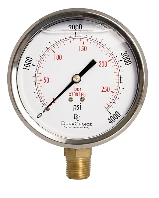 4" Oil Filled Pressure Gauge - Stainless Steel Case, Brass, 1/2" NPT, Lower Mount Connection, 0-4,000PSI
