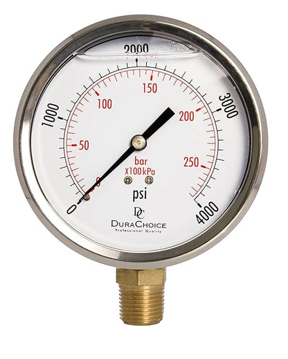 4" Oil Filled Pressure Gauge - Stainless Steel Case, Brass, 1/2" NPT, Lower Mount Connection, 0-4,000PSI