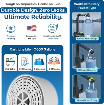 17-STAGE Bath Filter for Tub with Premium Design & Leak-Proof, 7000-Gallon Long-Life Cartridge with Vitamins C & E + Essential Minerals Removes Chlorine and Softens Hair, Skin & Nails | Patent Pending