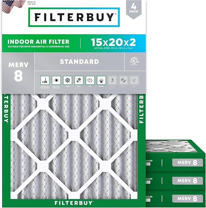 Filterbuy 15x20x2 Air Filter MERV 8 Essential Dust & Allergy Defense (4-Pack), Electrostatic Pleated HVAC AC Furnace Filters Replacement, Made in USA (Actual Size: 14.50 x 19.50 x 1.75)