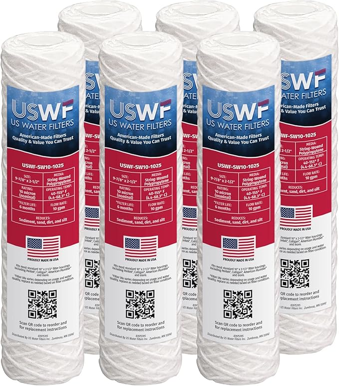 10 Micron 10 Inch x 2.5 Inch | 6-Pack String-Wound Polypropylene Whole House Sediment Replacement Cartridge | Compatible with Pentek CW-F, Hydronix SWC-25-1010 | Made in the USA, US Water Filters