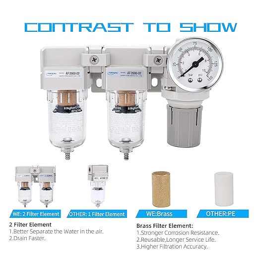 NANPU DFR-02 1/4" NPT Air Drying System - Double Air Filters, Air Pressure Regulator Combo - Semi-Auto Drain, Poly Bowl