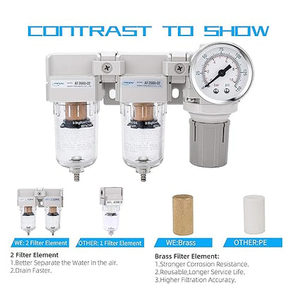 NANPU DFR-02 1/4" NPT Air Drying System - Double Air Filters, Air Pressure Regulator Combo - Semi-Auto Drain, Poly Bowl