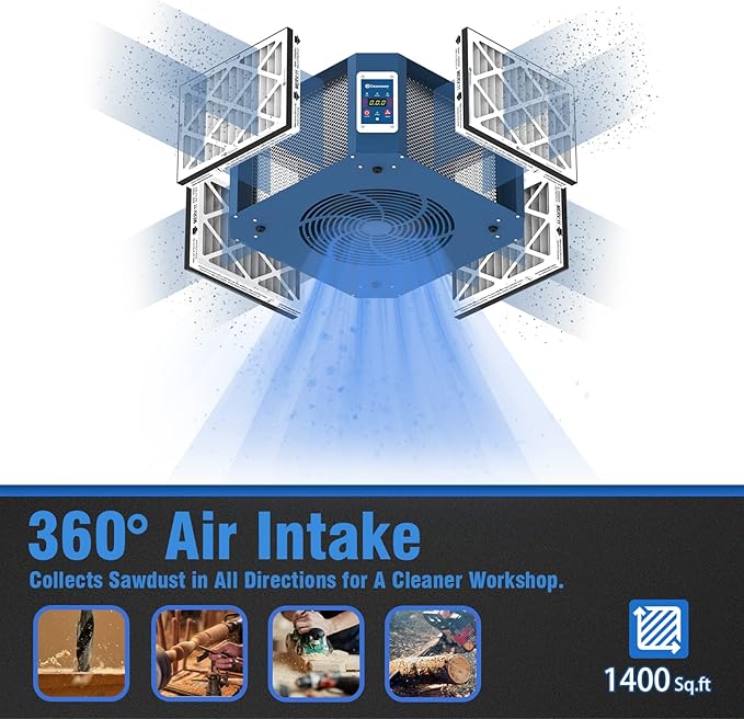 360° Woodshop Air Filtration System Woodworking - 1050/1350 CFM, Built-in Ionizer, with Strong Vortex Fan, Shop Air Filtration for Garage, Works Shop, Dust Collectors System, KMF12D, Blue
