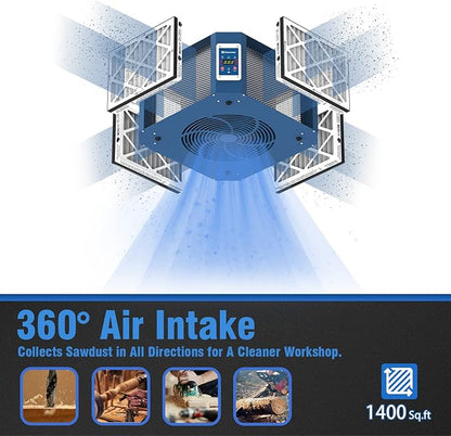360° Woodshop Air Filtration System Woodworking - 1050/1350 CFM, Built-in Ionizer, with Strong Vortex Fan, Shop Air Filtration for Garage, Works Shop, Dust Collectors System, KMF12D, Blue