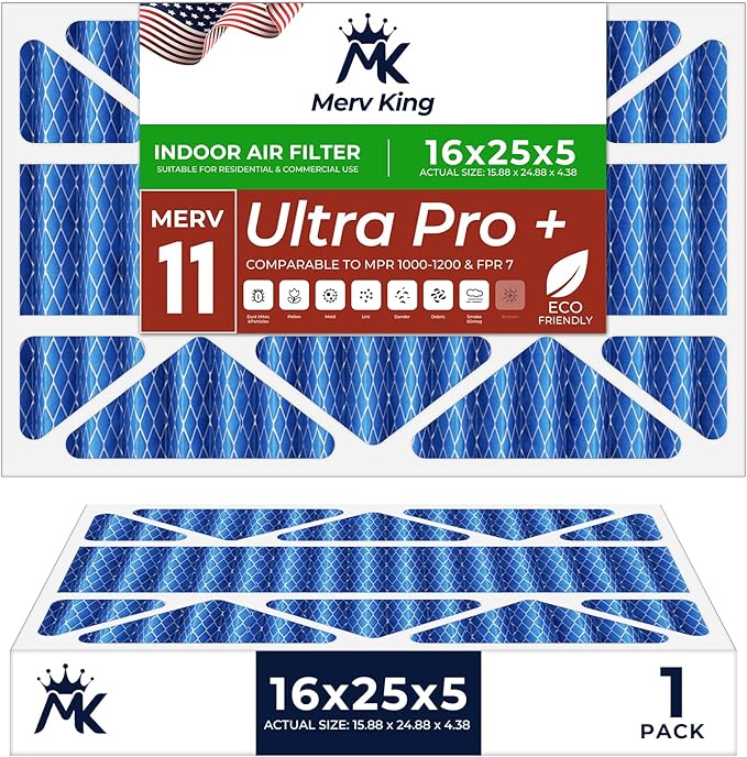 MervKing 16x25x5 Air Filter Actual Size: 15.88" x 24.88" x 4.38" MERV 11 MPR 1000-1200 | MADE IN USA | 1-Pack | Pleated HVAC AC Furnace Replacement
