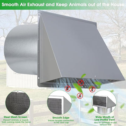 6 Inch Hooded Wall Vent with Screen and Damper,6 Inch Exhaust Vent Cover Cap for Outdoor Kitchen Range Hood Dryer Ventilation,Outside Wall Mount Extractor for House Air Exhaust, Galvanized Steel,Gray