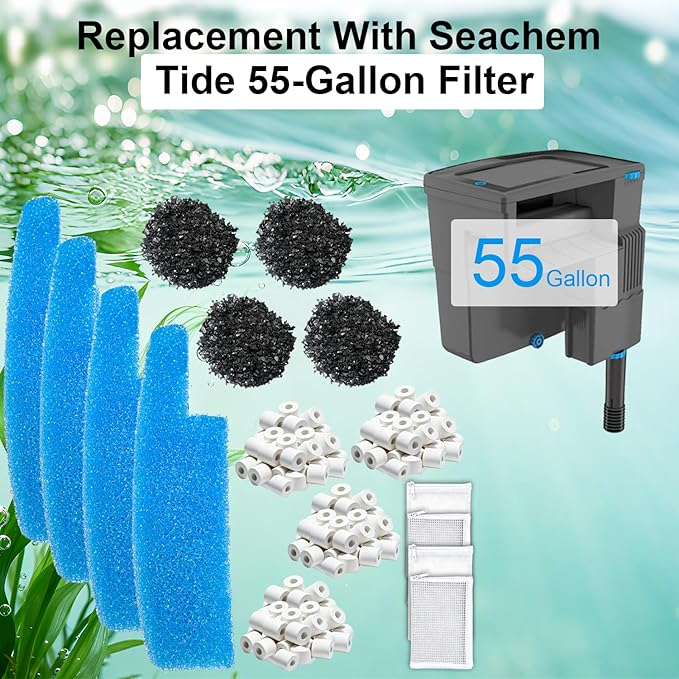 4 Set Aquarium Media Maintenance Kit, Replacement for Seachem Tide 55-Gallon Filter — Includes 4 Blue Sponges, 4 Bags of Activated Carbon, 4 Ceramic Rings, and 4 Mesh Bags.