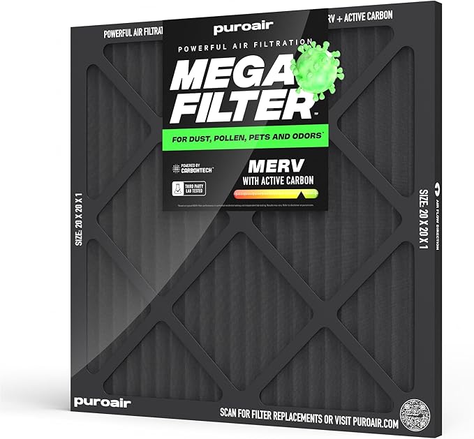 PuroAir MegaFilter - 20x20x1 Air Filter MERV 13 Activated CarbonTech Defense - Heavy Duty 3 Layer Furnace Filters Allergens, Pollen, Dust, Pet Dander, Smoke, Odors - HVAC Air Filter 20x20x1 (1-Pack)