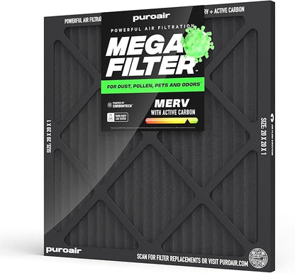 PuroAir MegaFilter - 20x20x1 Air Filter MERV 13 Activated CarbonTech Defense - Heavy Duty 3 Layer Furnace Filters Allergens, Pollen, Dust, Pet Dander, Smoke, Odors - HVAC Air Filter 20x20x1 (1-Pack)
