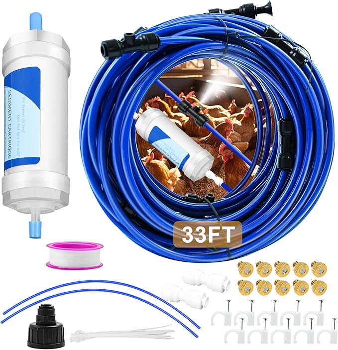 Upgraded 33FT Chicken Coop Cooling System with Water Filter Misting Cooling System Line & 20 Brass Mist Nozzles Teflon Tape 3/4" Adapter Chicken Coop Accessories for Patio Backyard Outdoor Summer Heat