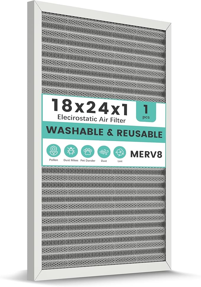 18x24x1 Reusable Air Filter, Washable, Electrostatic HVAC AC Furnace Filter, Merv 8, Lasts a Lifetime, Breathe Safe at Home or in the Office (Actual Size:17.44x23.46x0.82 Inch)