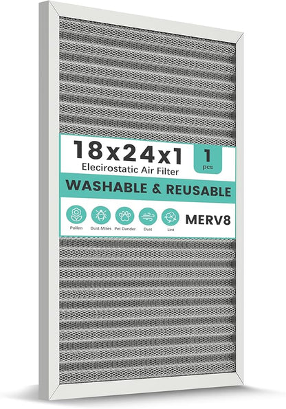 18x24x1 Reusable Air Filter, Washable, Electrostatic HVAC AC Furnace Filter, Merv 8, Lasts a Lifetime, Breathe Safe at Home or in the Office (Actual Size:17.44x23.46x0.82 Inch)