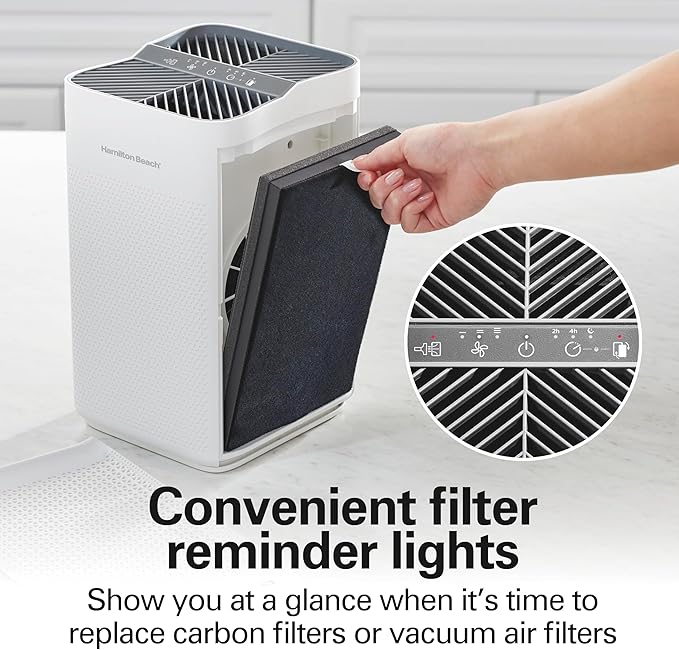 Hamilton Beach Air Purifier For Home With 2 TrueAir EverLasting Reusable Filters, For Medium Rooms Up To 827 sq. ft., Protects From Allergens, Odors, Irritants, Dust, Smoke, Pollen, White (20150)