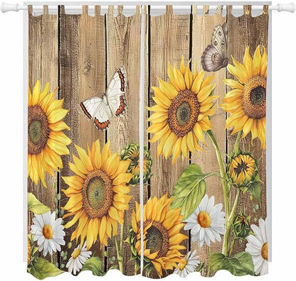 Farmhouse Sunflowers Living Room Curtains 96 Inch Length, Window Curtains Tab Top, Rustic Floral Buttterfly Wood Board Brown Light Filtering Window Treatments Drapes 52"x96" 2 Panel
