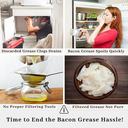 Bacon Grease Container with Strainer - With Food-Grade Silicone Spatula, 24oz Enamel Rustic Farmhouse Fat Container, Keeper, Recipes, Dishwasher Safe