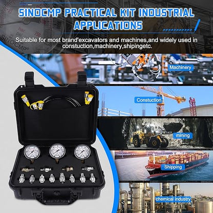 SINOCMP Hydraulic Pressure Test Kit with 3 Gauges(25/40/60Mpa), 12 Test Couplings, 3 Test Hoses(64in) Diagnosis Tester Gauge Kit Set for Excavator Construction Machinery